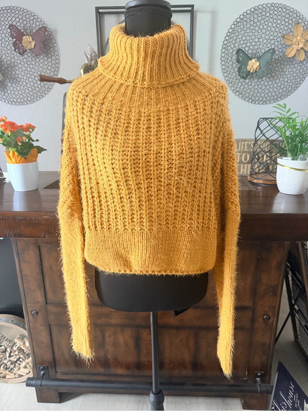 Mustard Yellow Cropped Chunky Knit Turtleneck Sweater